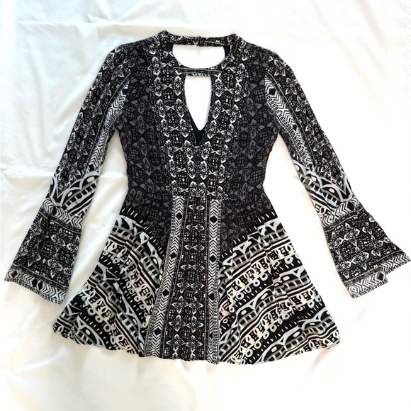 Free People Tegan Border Printed Mini Dress Pockets Black White Combo Boho - Picture 9 of 16